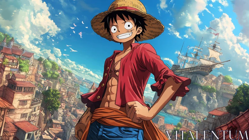 Straw-hatted manga navigator over sunlit coastal citadel.