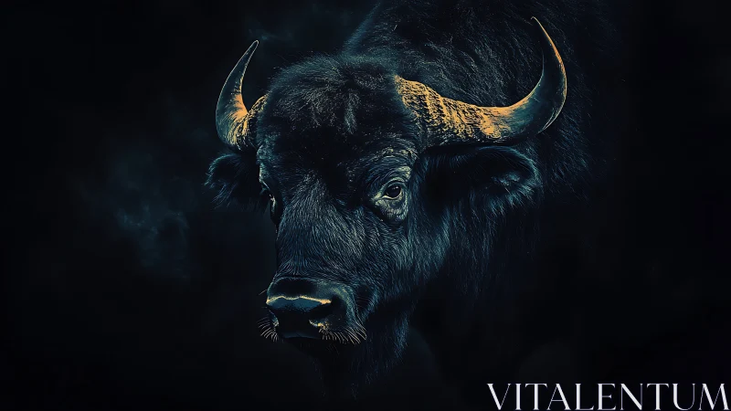 Low-key buffalo portrait with high-contrast horn luminance.