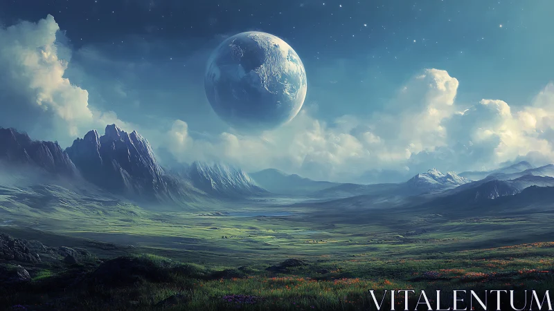 Distant terrestrial planet hovers over expansive grassland valley
