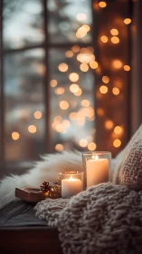 Three lit candles sit by a window beside thick knitted blanket
