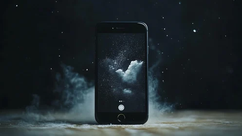 Smartphone screen reveals floating cosmic cloud portal