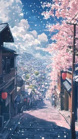 Steep stone alley descending through cherry blossom lined hill