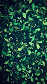 Emerald leaf swirls forming ornate abstract foliage pattern.