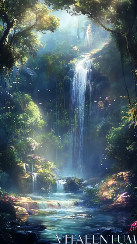 Whispering emerald falls in sunlit enchanted forest veil.