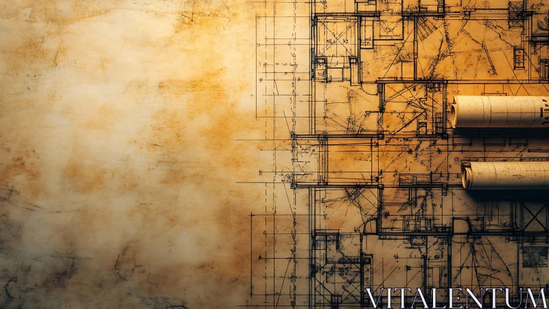 Vintage Architectural Blueprint Composition with Rolled Documents.