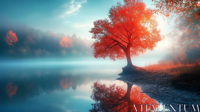 Crimson dreamtree leaning over mist-silvered lakeshore.