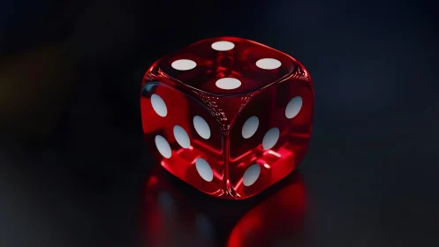 Shiny red translucent dice on dark reflective surface, digital art.