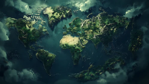 Stylized world map with lush continents and oceans.