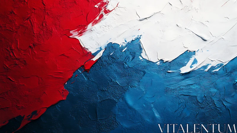 Abstract textured painting with red, white, and blue palette.