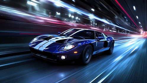 Aerodynamic blue sports car under motion-blurred urban light streaks