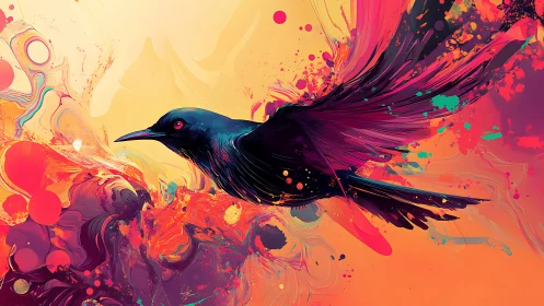 Dark bird silhouette intersects high-saturation liquid forms