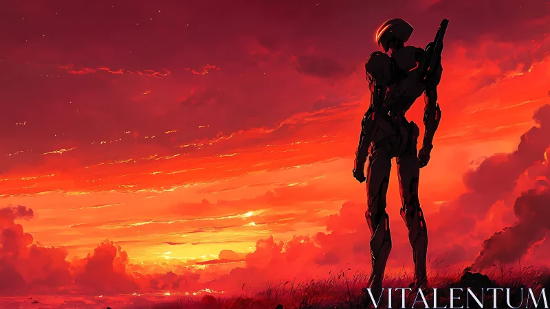 Lone chrome sentinel measures the horizon in molten sunset light