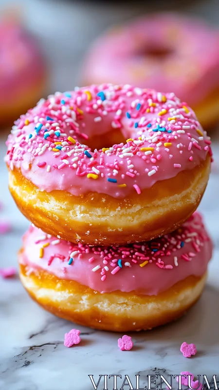 Stacked pink-frosted donuts with multicolor nonpareil sprinkles.