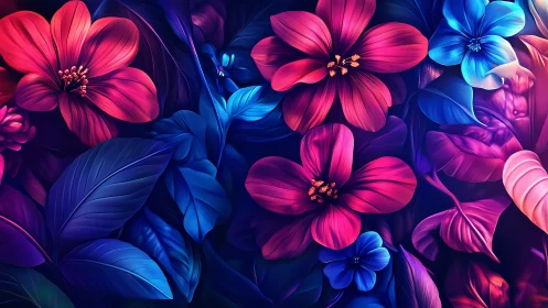 Digital Floral Composition with Pink and Blue Blooms.