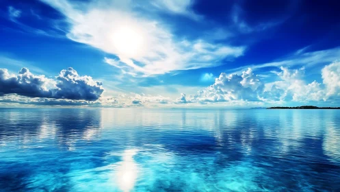 Radiant midday sun over mirror-smooth tropical seascape.