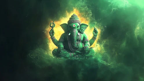 Radiant emerald Ganesha floats within cosmic green light