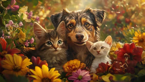 A Dog, Cat, and Kitten Share a Colorful Flower Garden