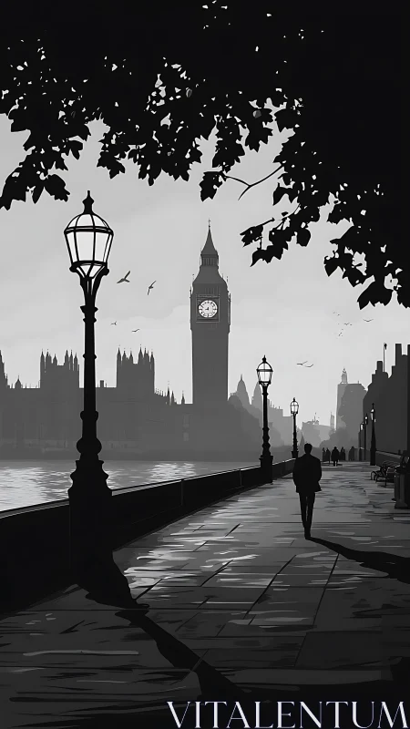 Monochrome riverside walkway frames clock tower skyline