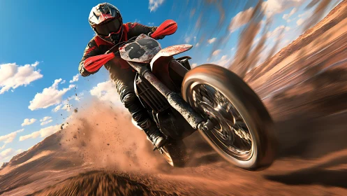Dusty desert rider leans into speed and carves the trail hard