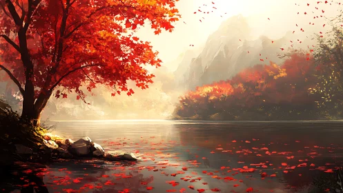 Crimson leaves drift quietly while the mountain mist listens