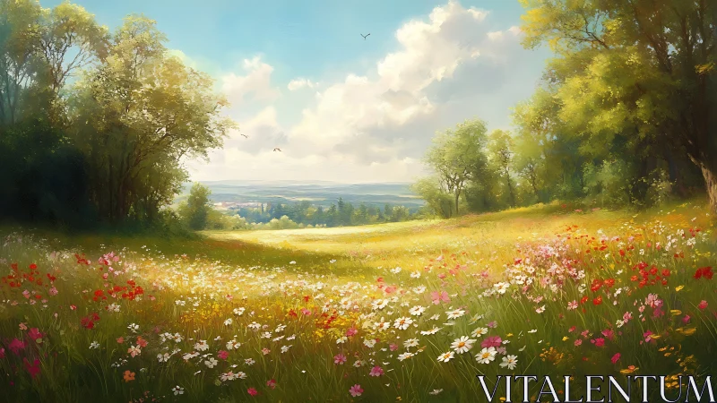 Sunlit wildflower meadow opening to a distant valley view.