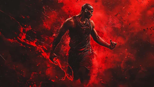 Basketball player in dynamic red abstract digital motion.