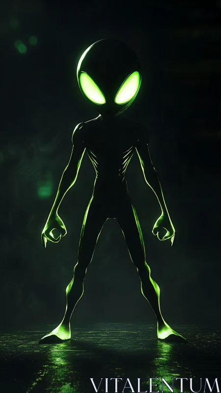 Glowing alien explorer stands ready in a misty green light
