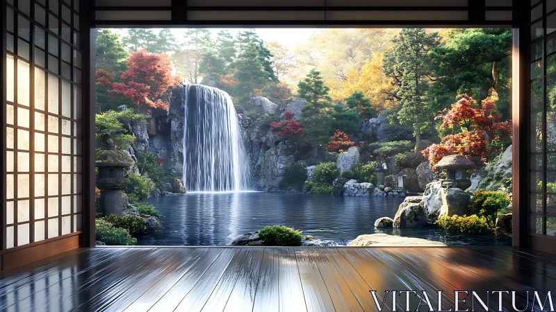 Serene tatami interior frames photoreal Japanese waterfall vista