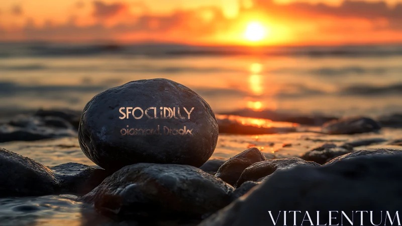 Coastal stone foreground at golden hour sunset seascape.