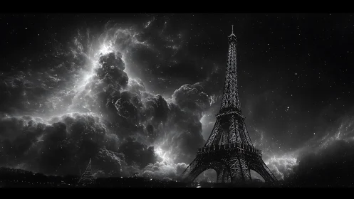 Starlit Eiffel Tower dreaming beneath cosmic storm clouds.