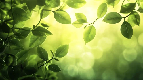 Sunlit green leaves glow against soft bokeh background.