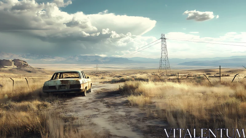 Photorealistic desert roadscape with rusted car and pylons.