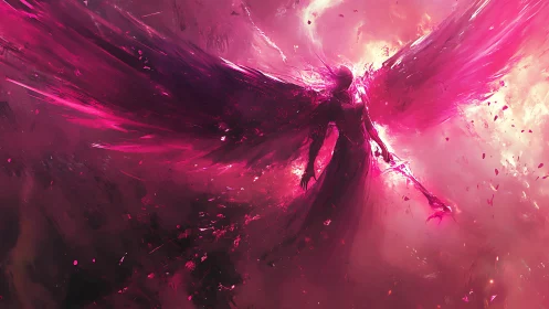 Celestial war angel ignites sky with flaming magenta wings.