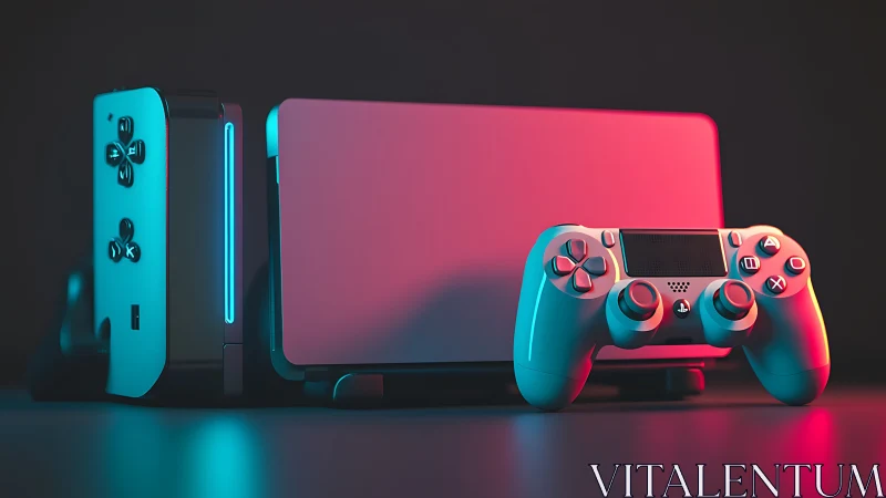 Neon console trio lounges in dreamy cyan and magenta glow