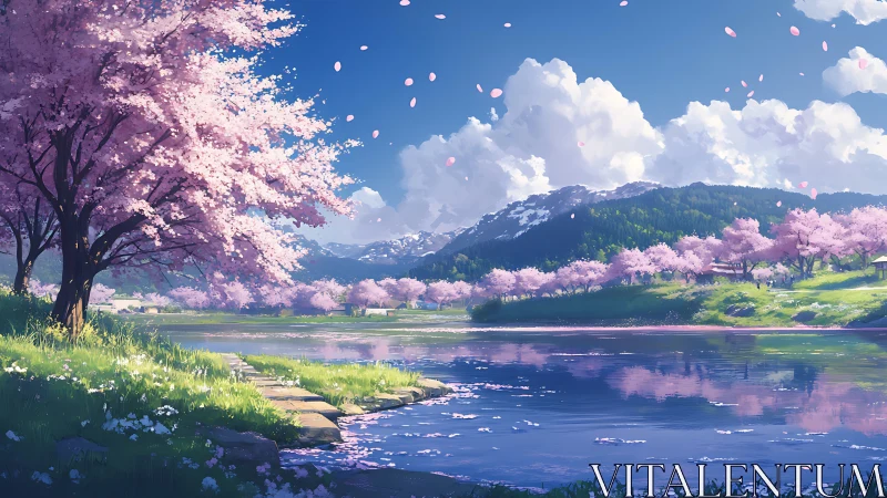 Digital painting landscape of riverside cherry blossoms in spring.
