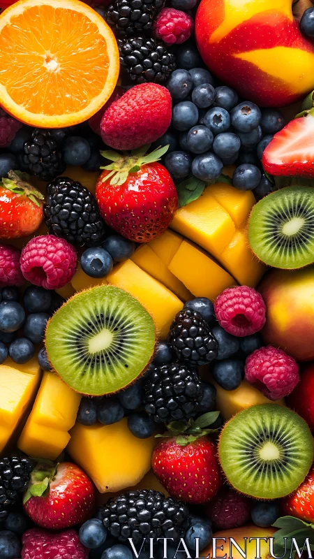 Mixed fresh fruits arranged in dense overhead composition