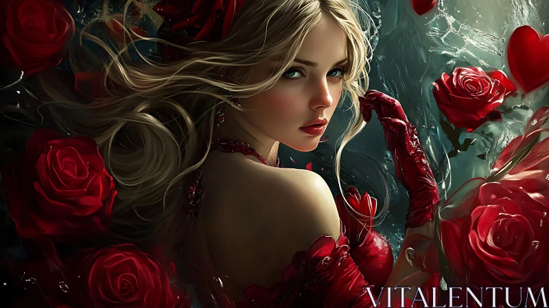 Woman with Cascading Blonde Hair Surrounded by Red Roses.