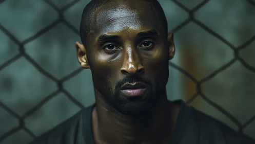 Locked-in determination behind the chain-link fence portrait.