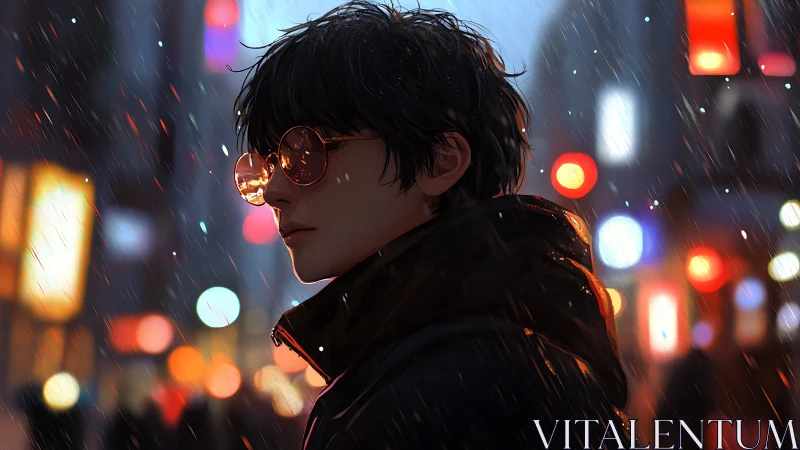 Young person in rain-soaked city street under neon lighting