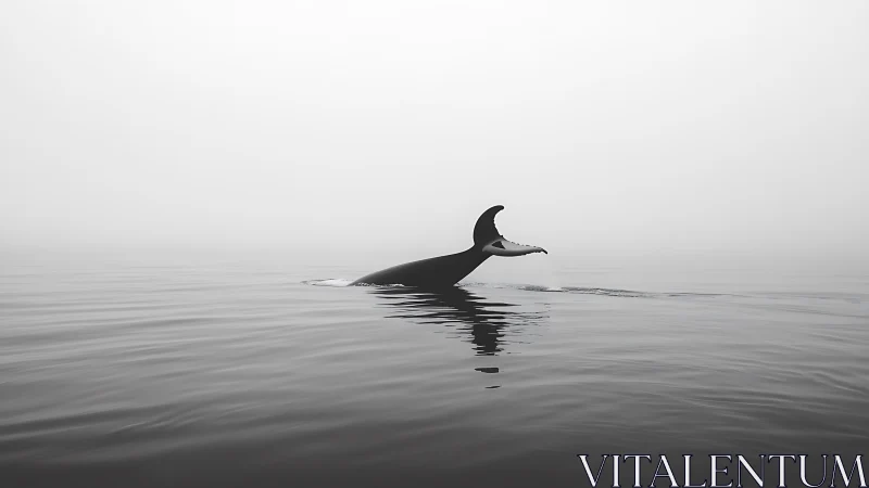 Solitary orca fin slices through misty monochrome sea.