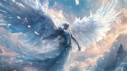 Radiant winged guardian rises gracefully through glowing skies