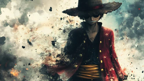 Straw hat anime pirate walks through smoke and sparks.