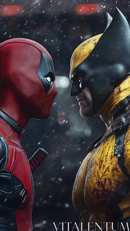 Hyper-real standoff between masked combatants in falling snow