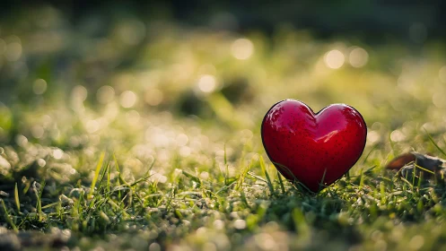 Crimson Heart Rests on Verdant Grass with Bokeh Background.