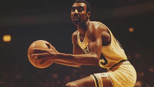 Photorealistic courtside portrait of vintage basketball guard.