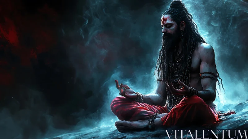 Mystic yogi meditates within swirling ethereal smoke