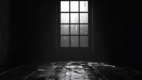 Dark empty room with single wet window and dim light.