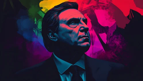 Neon-lit male portrait against bold abstract color field.