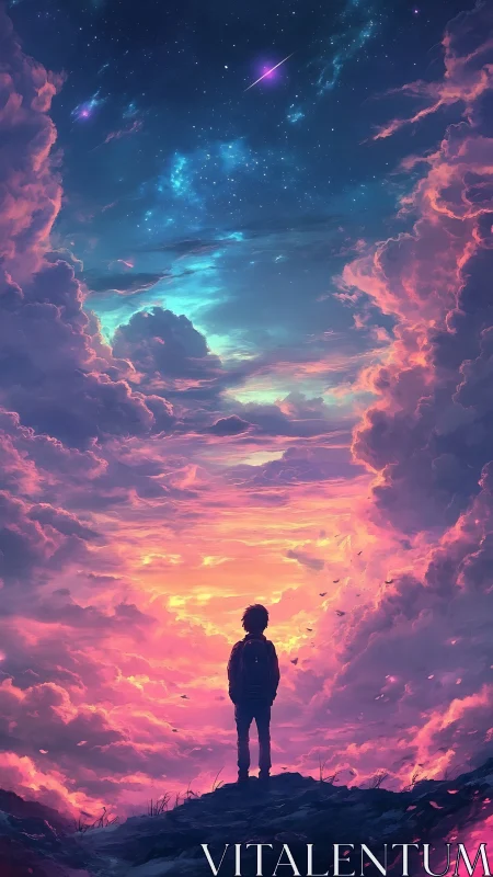 Silhouetted child stands beneath luminous pink and blue sky