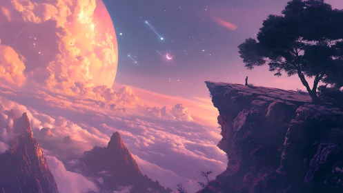 Cosmic cliffscape under giant rose planet and falling stars.